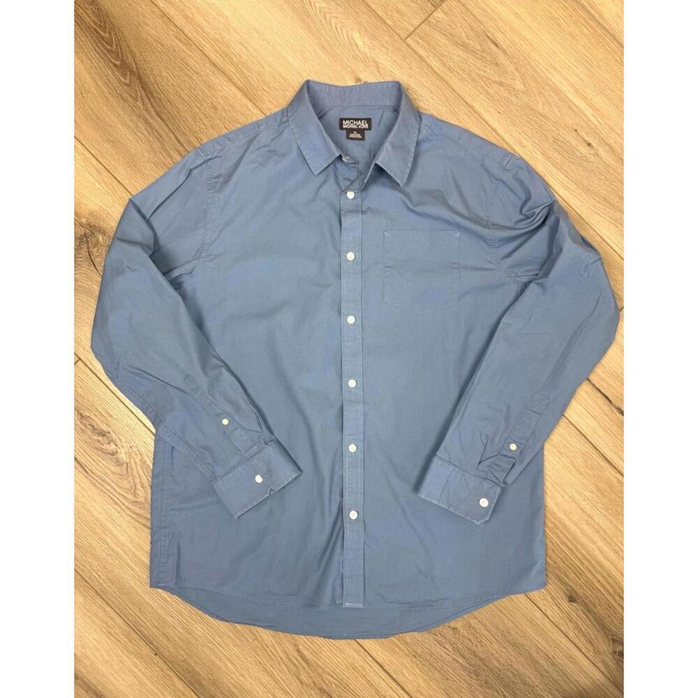 Michael Kors Shirt Mens XL Blue Slim Fit Check Long Sleeve Dress Button Front
